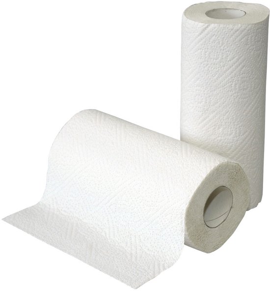 Twee witte keukenrolrollen met een ruitpatroon. Eén rol ligt voor, deels uitgerold.