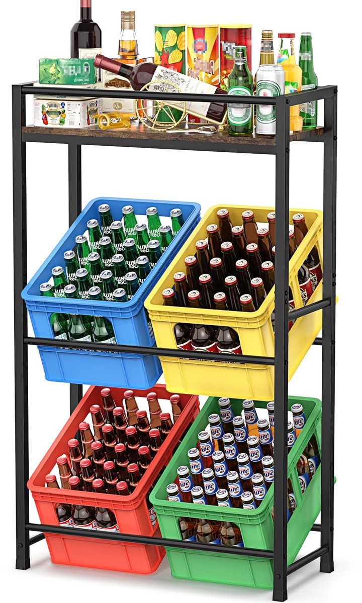 Solidchoice - Metalen Rek voor 4 Drankkratten met Houten Plank - Draagvermogen 120 kg
