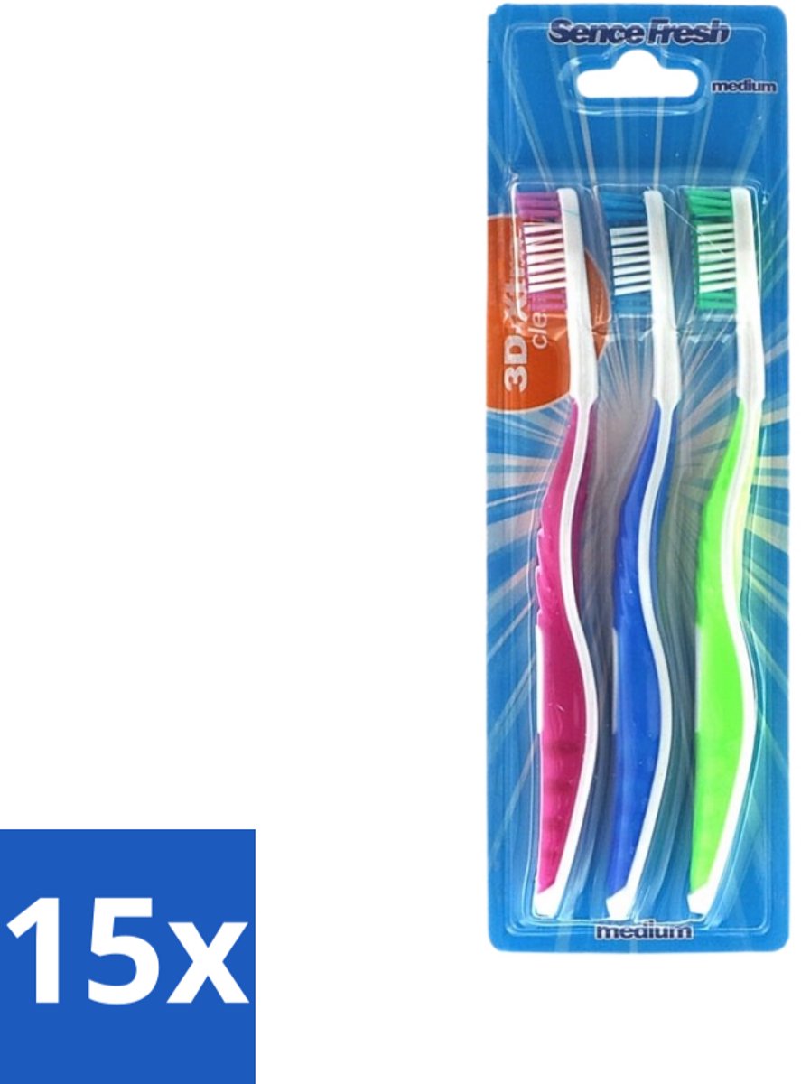 Sence - Fresh 3D-Extra Clean - Tandenborstels - Medium - 3 Tandenborstels - Bulkverpakking - 15 stuks