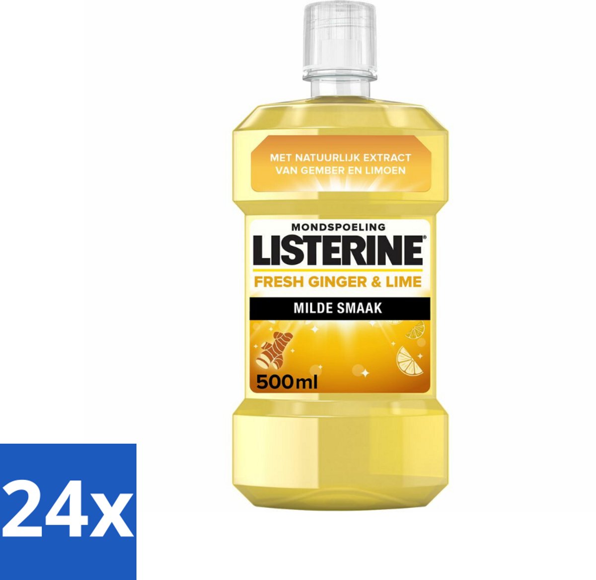 24 x Listerine - Mondwater - Fresh Ginger & Lime - 500 ml - Mondspoeling - Gember En Limoen - Tandplak - Bacteriën - Fluoride