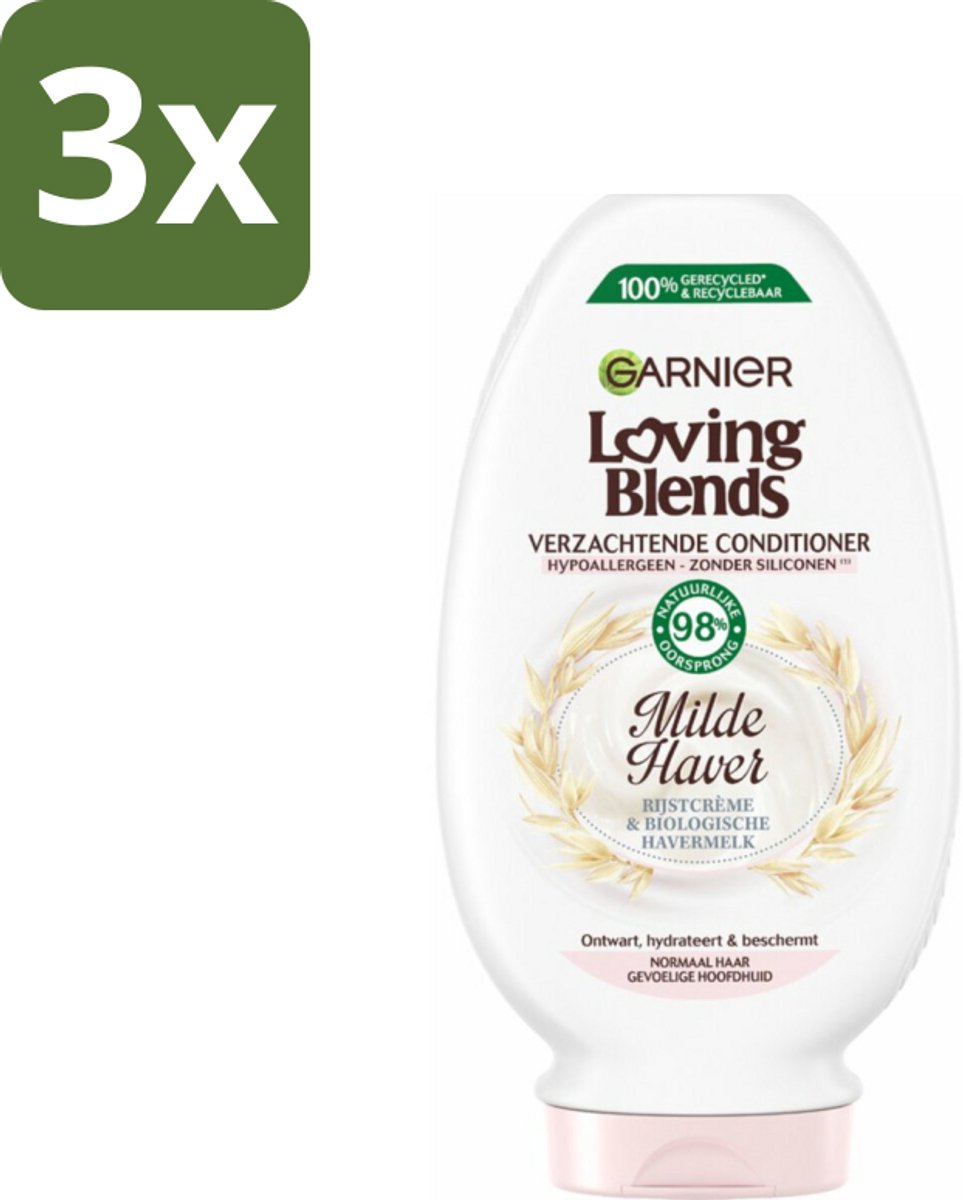 3 x Garnier Loving Blends Milde Haver Conditioner 250 ml - Conditioner Voor Gevoelige Hoofdhuid - Milde Conditioner - Hypoallergene Conditioner - Rijstcrème Conditioner - Biologische Havermelk Conditioner