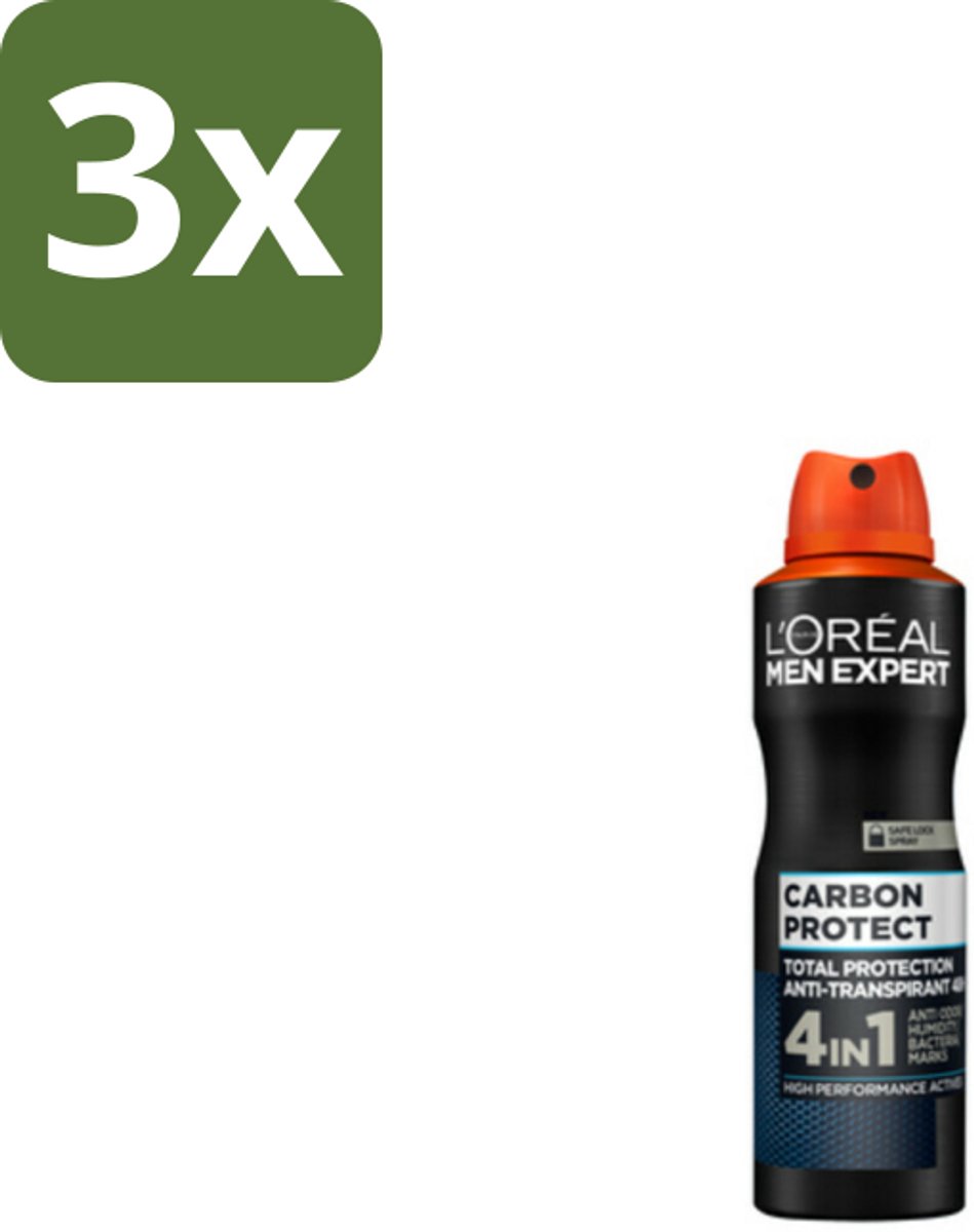 3 x L'Oréal Men Expert Deodorant Spray Carbon Protect 150 ml - Deodorant Spray - Anti-geur - Anti-vocht - Anti-bacterie - Vlekken Op Kleding