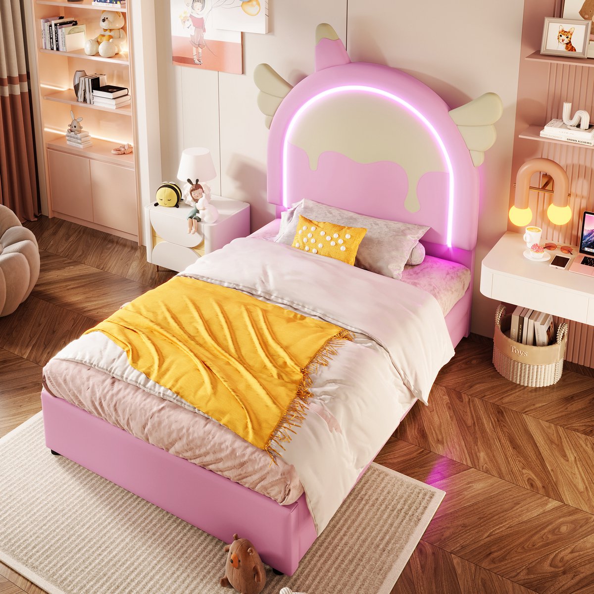 Eenhoorn kinderbed 90x200 cm - Gestoffeerd met LED-lichtstrip en 2 opberglades - Roze PU-leder - Eenvoudig te reinigen - Sprookjesachtig design - Inclusief lattenbodem