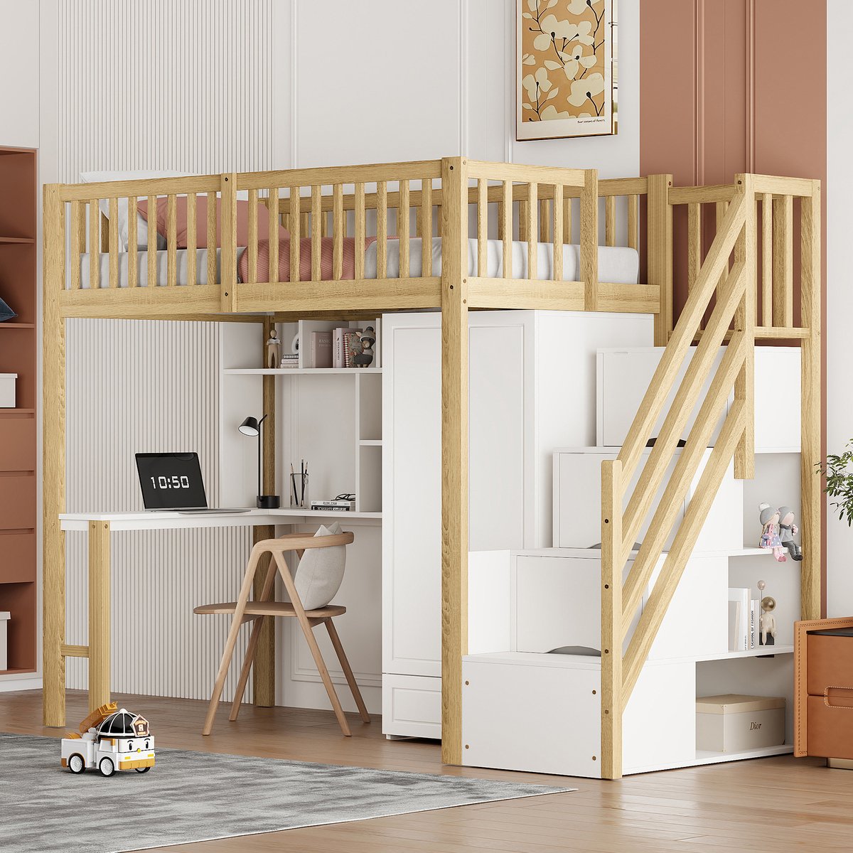 Hoogbed met kledingkast, bureau en opbergtrap - 90x200 cm eenpersoons - wit+natuur - all-in-one met massief grenen frame - ruime lades onder elke traptrede