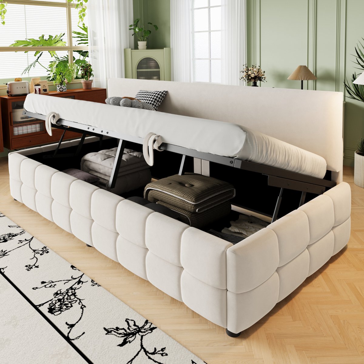 Gestoffeerde slaapbank 90x200 cm - multifunctioneel voor slaapkamer en logeerkamer - eenpersoons - beige fluweel - hydraulische opbergruimte - rugleuning zonder armleuningen - klassiek ruitpatroon