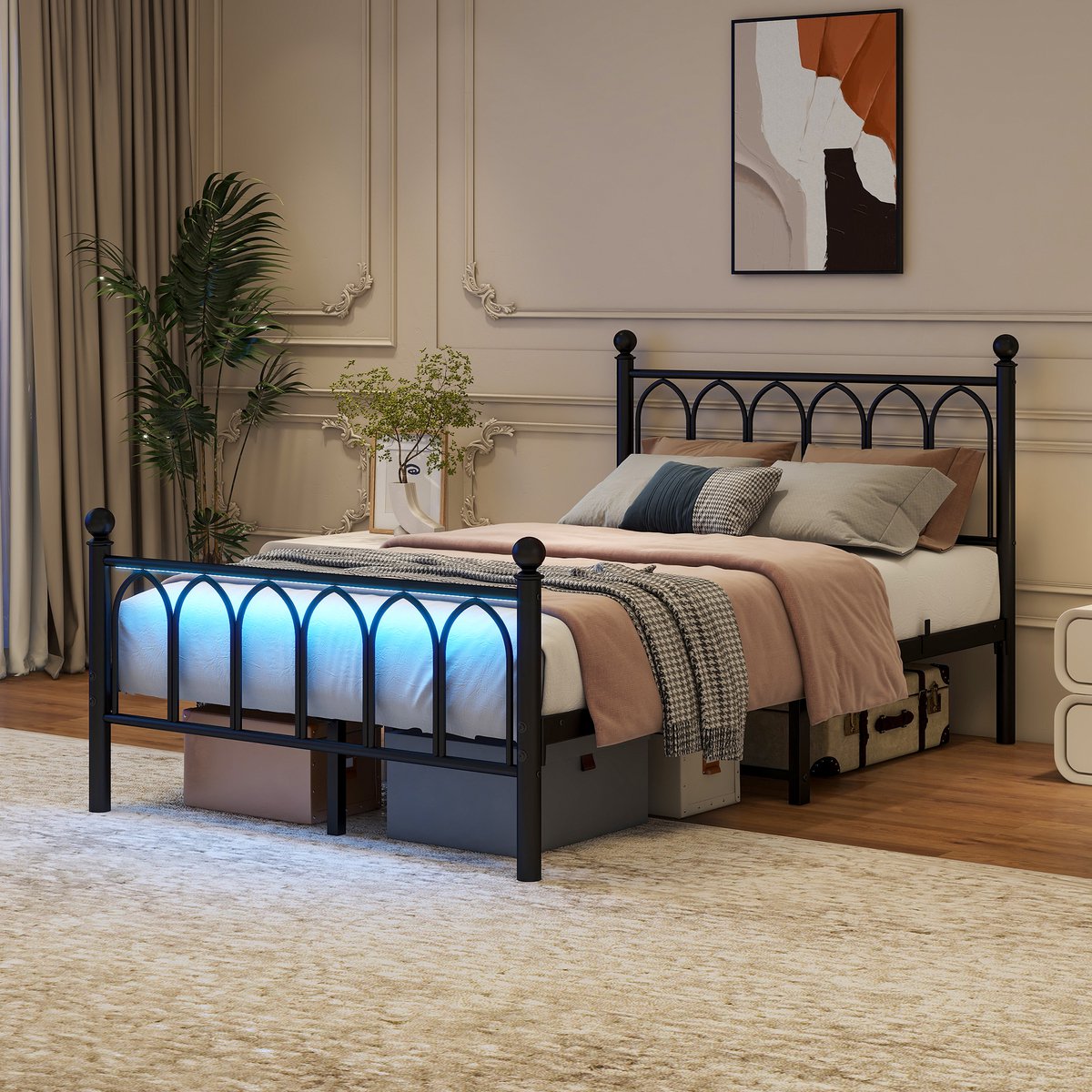 Metalen bedframe 120x200 cm - eenpersoons met extra hoog vintage hoofdeinde en voeteneinde, LED en USB - zwart - 27 cm opbergruimte - stevige stalen latten - geen boxspring
