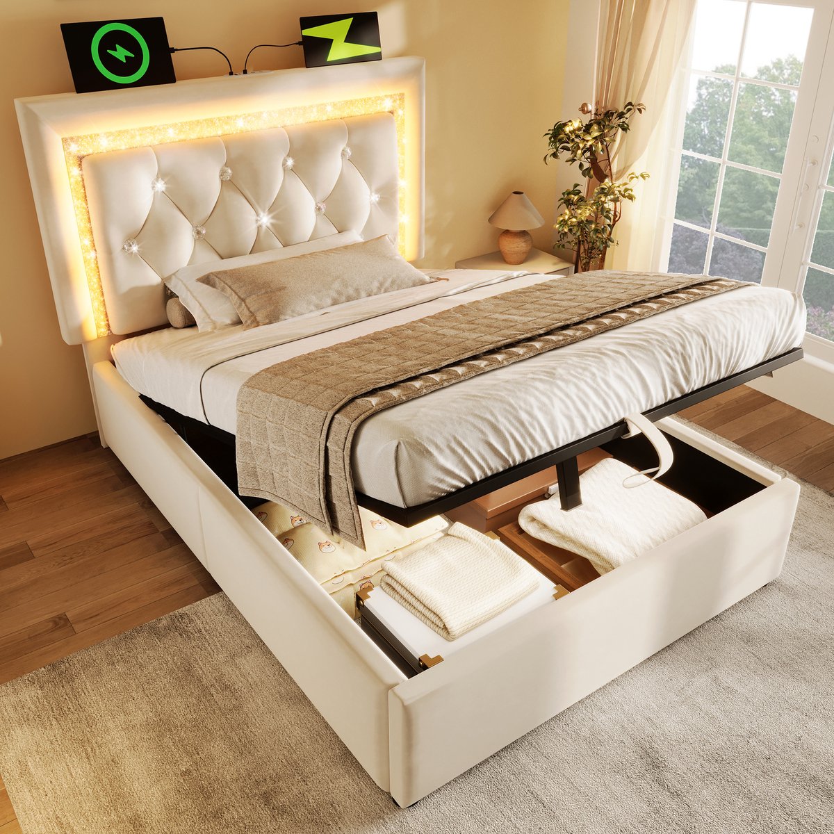 Gestoffeerd bed 90x200 cm - met LED-diamant hoofdeinde en hydraulische opbergruimte - eenpersoons - beige - USB/Type-C oplaadpoorten - stevige metalen lattenbodem