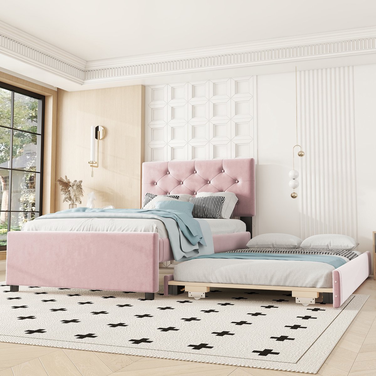 Gestoffeerd bed 90x200 cm - Met uitschuifbaar rolbed en lades - 1-2 personen - Roze - Knopenhoofdeinde van zacht fluweel - Inclusief lattenbodem - Stabiel MDF-frame