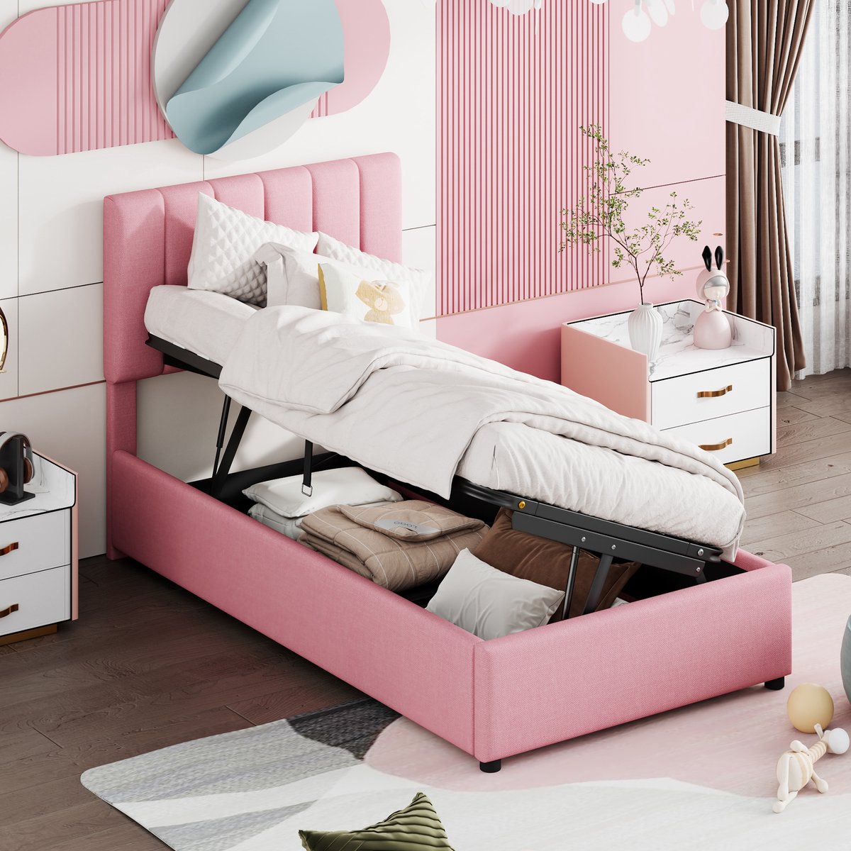 Kinderpolsterbed 90x200 cm - Hydraulische opbergruimte met hoog bedframe - Roze - Verstelbaar hoofdeinde (3 standen) - Inclusief houten lattenbodem - Geschikt voor compacte kinderkamers