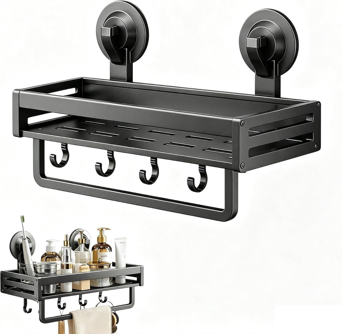 Verstelbaar Doucheplankje met Zuignappen, Aluminium Badkamerrek met 4 Haken en Handdoekrek, Ideaal voor Badkamer en Keuken, Ruimtebesparend en Gemakkelijk te Bevestigen