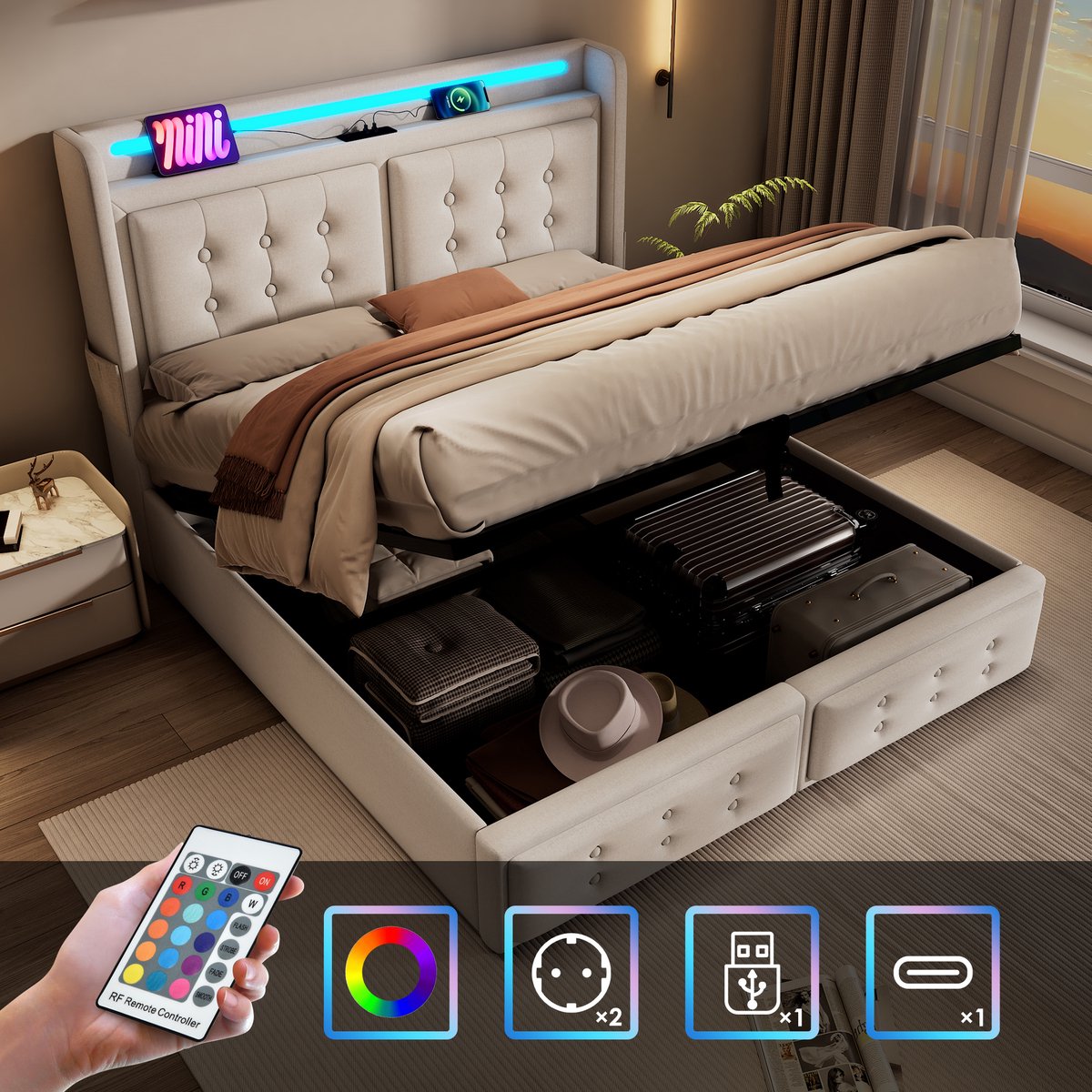 Gestoffeerd opbergbed 140x200 cm met LED, USB-C en hydraulisch systeem - tweepersoons - beige katoen - hoofdeinde met stopcontacten en sfeerverlichting - ruime opbergruimte onder het bed - inclusief lattenbodem