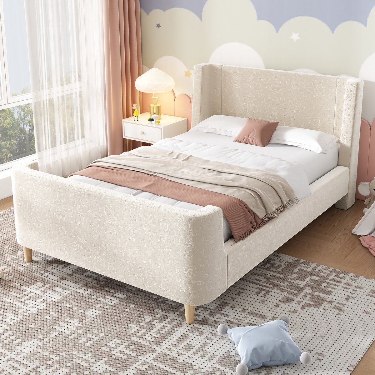 Gestoffeerd kinderbed - Ruimte-thema met slee-ontwerp - 90x200 cm - 1 persoon - Beige - Zacht fluweel - Stevig houten frame - Incl. lattenbodem