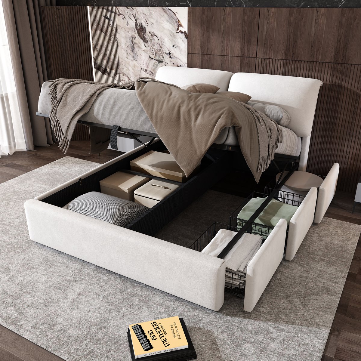 Gestoffeerd bed 140x190 cm - met hydraulische opbergruimte en drie lades - tweepersoons - beige fluweel - comfortabel hoofdeinde met olifantsoor-design - lattenbodem inbegrepen