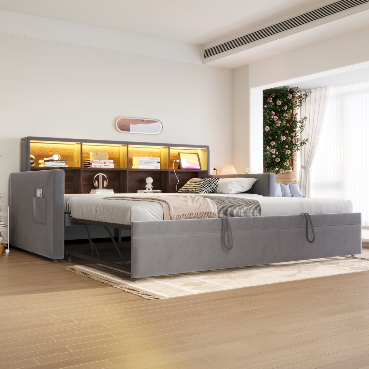 Gestoffeerde slaapbank met uitschuifbaar onderbed - 90x190 cm naar tweepersoons - donkergrijs fluweel - opbergkopbord met LED en USB/Type-C - lattenbodem inbegrepen