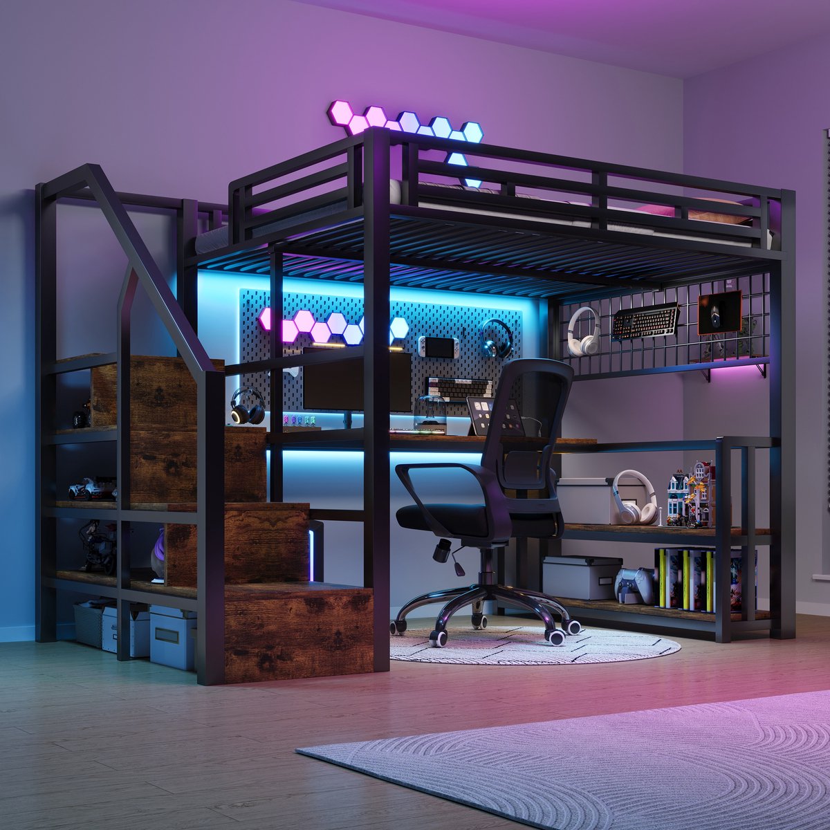 Metalen hoogslaper met bureau, opbergtrap en LED - 140x200 cm tweepersoons - Zwart - App-gestuurde LED-strip - 2x USB en 1x Type-C oplaadpoorten - Inclusief opbergrek en hangend rek