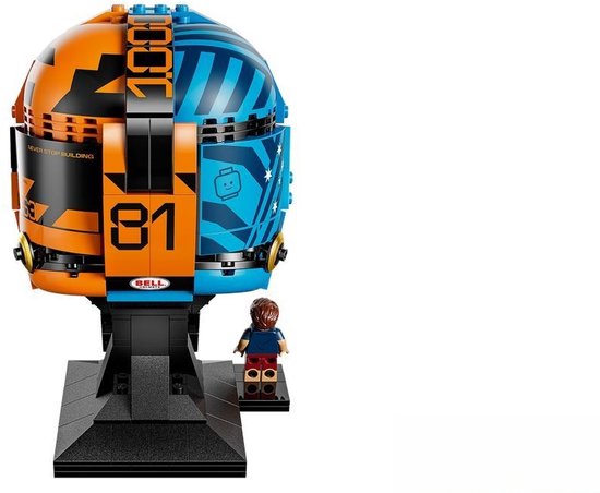 LEGO helm, oranje/zwart en blauw, met '81' en 'BELL' logo's. Inclusief miniatuurfiguur.
