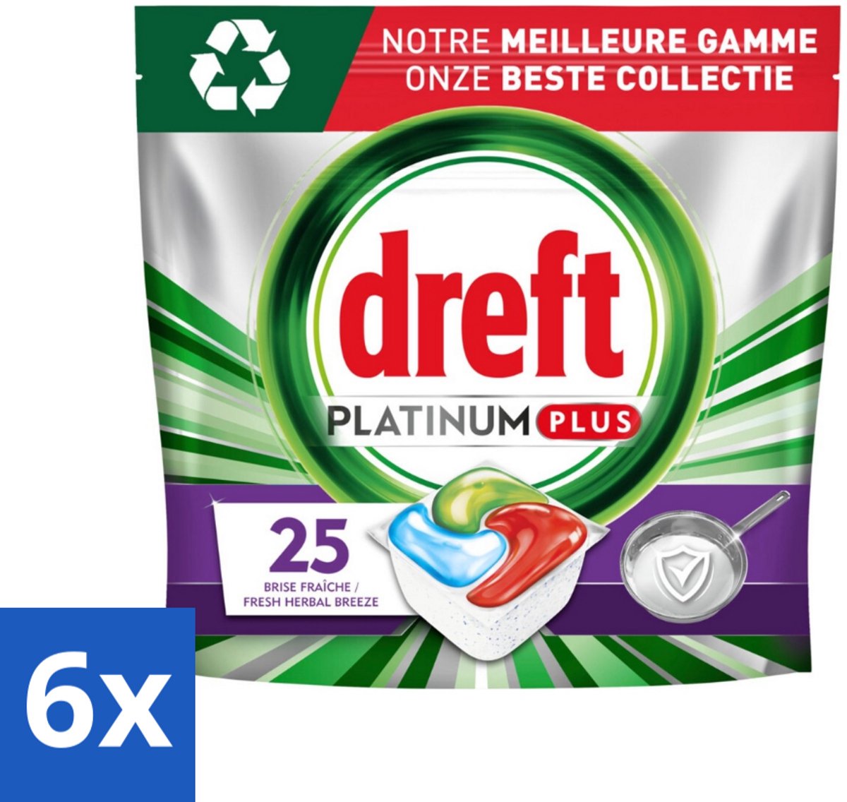 6 x Dreft Platinum Plus - Vaatwascapsules - Deep Clean Boosted - Fresh Herbal Breeze - 25 Afwasbeurten - Vaatwascapsules - Vaatwas - Diepe Reiniging - Glans - Frisse Geur