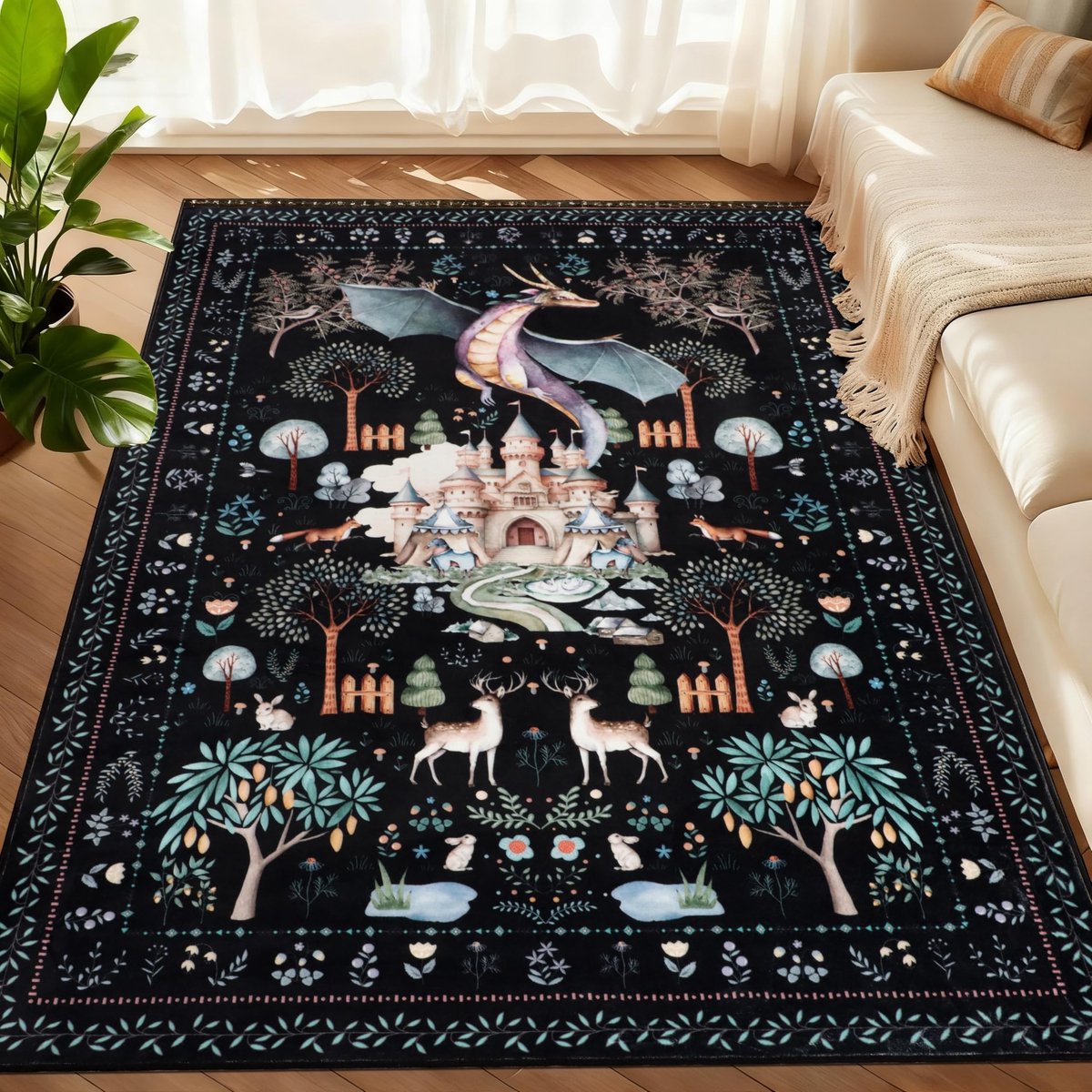 Elzusha - Living Room Rug - 120 x 180 cm - Zwart - Wasbaar - Bohemian Dier Motief
