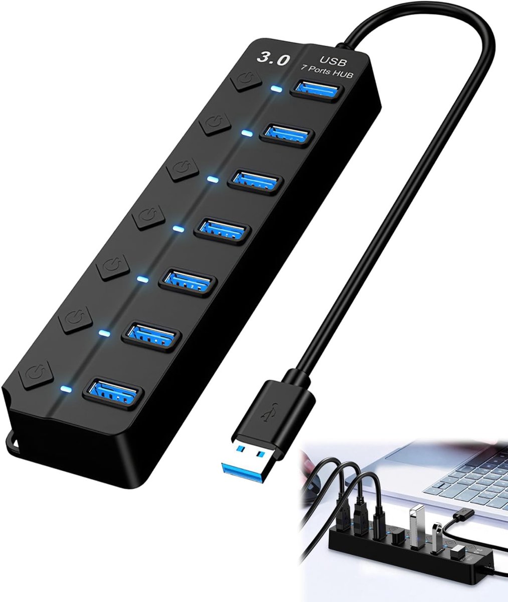 Elzusha - USB Hub 3.0 met 7 Poorten en Onafhankelijke Schakelaars