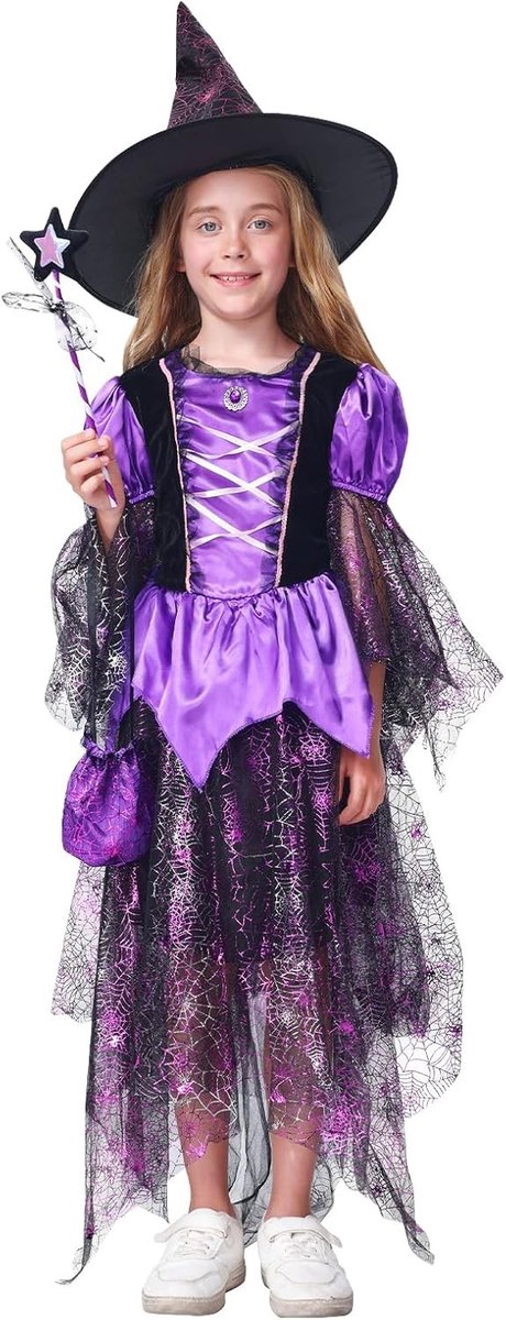 Paarse Halloween Kostuum voor Kinderen - Heksenjurk en Rok voor Meisjes - Cosplay Set voor Feestjes en Carnavalsactiviteiten