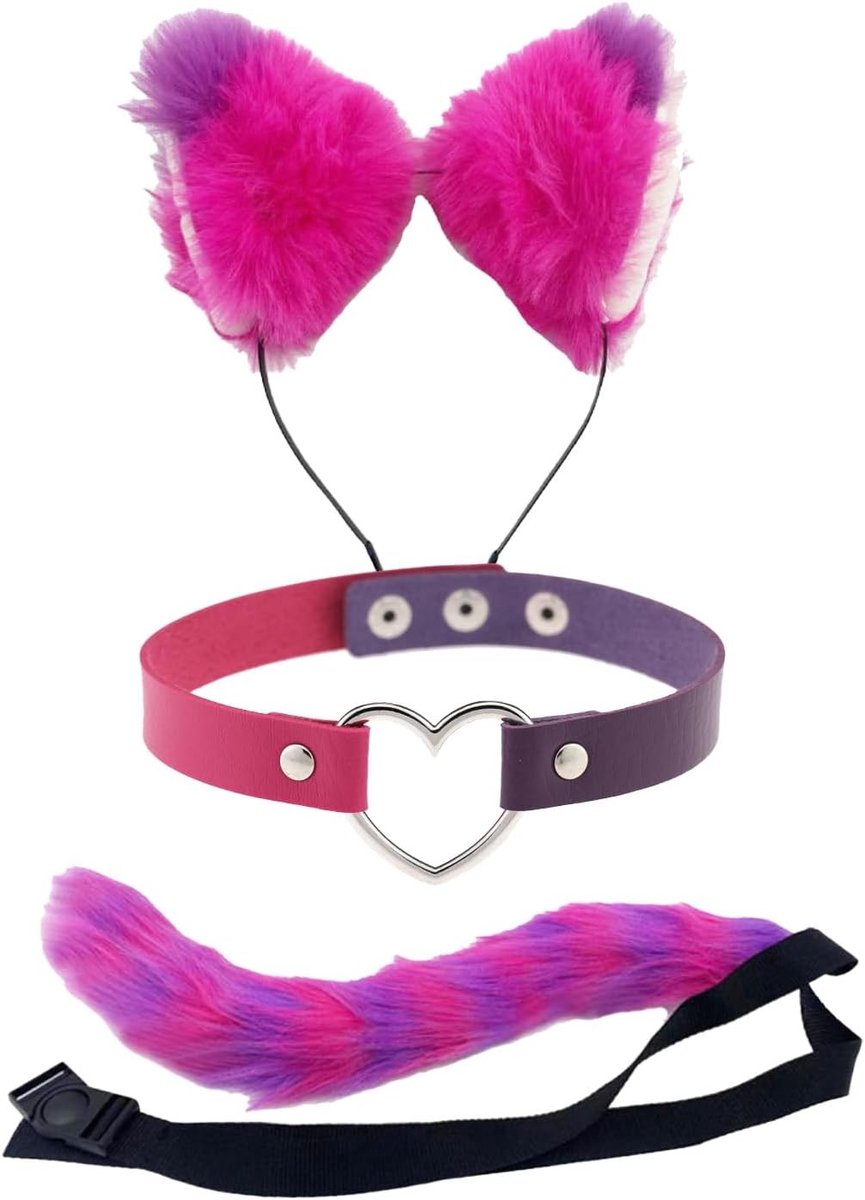 3-delige kattenkostuum set met roze en paarse strepen, inclusief oorkap, pluizige staart en choker voor Halloween en cosplay feestjes