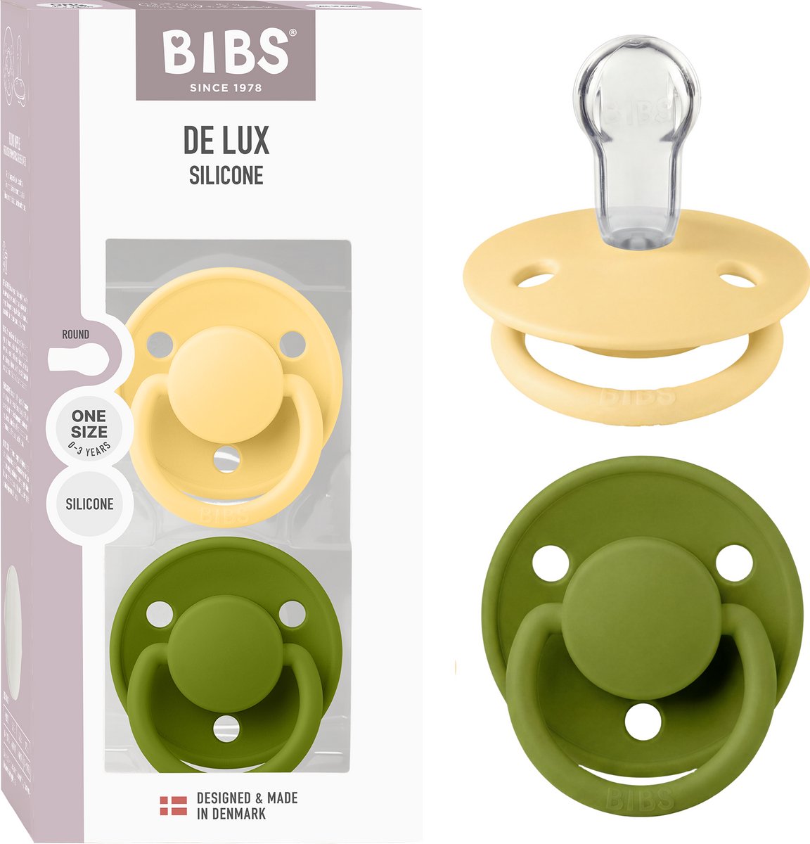 BIBS De Lux Fopspeen - 0+ mnd - 2-pack - Rond - Pale Butter/Wasabi