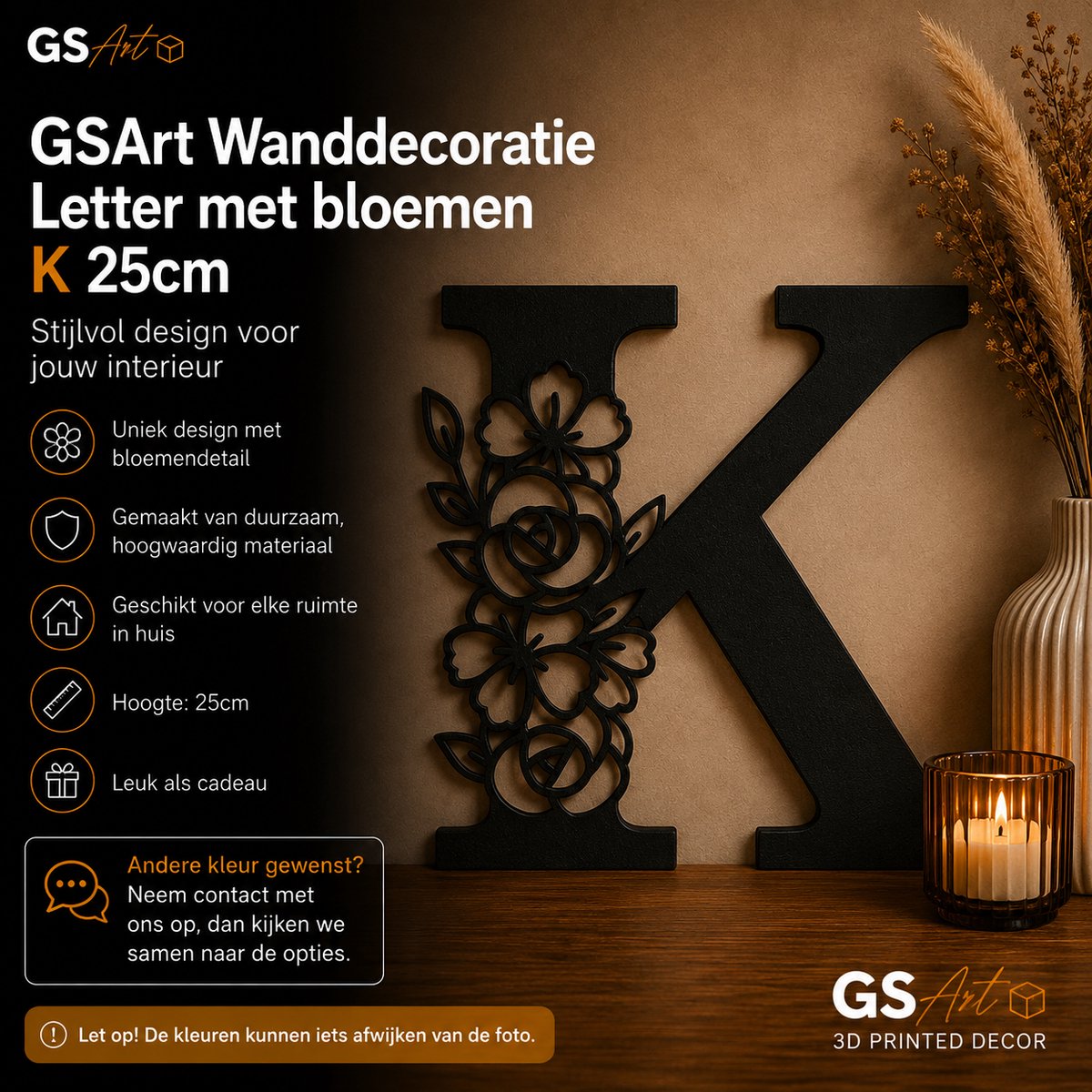 GSArt Wanddecoratie Letter met Bloemen – 25 cm - K