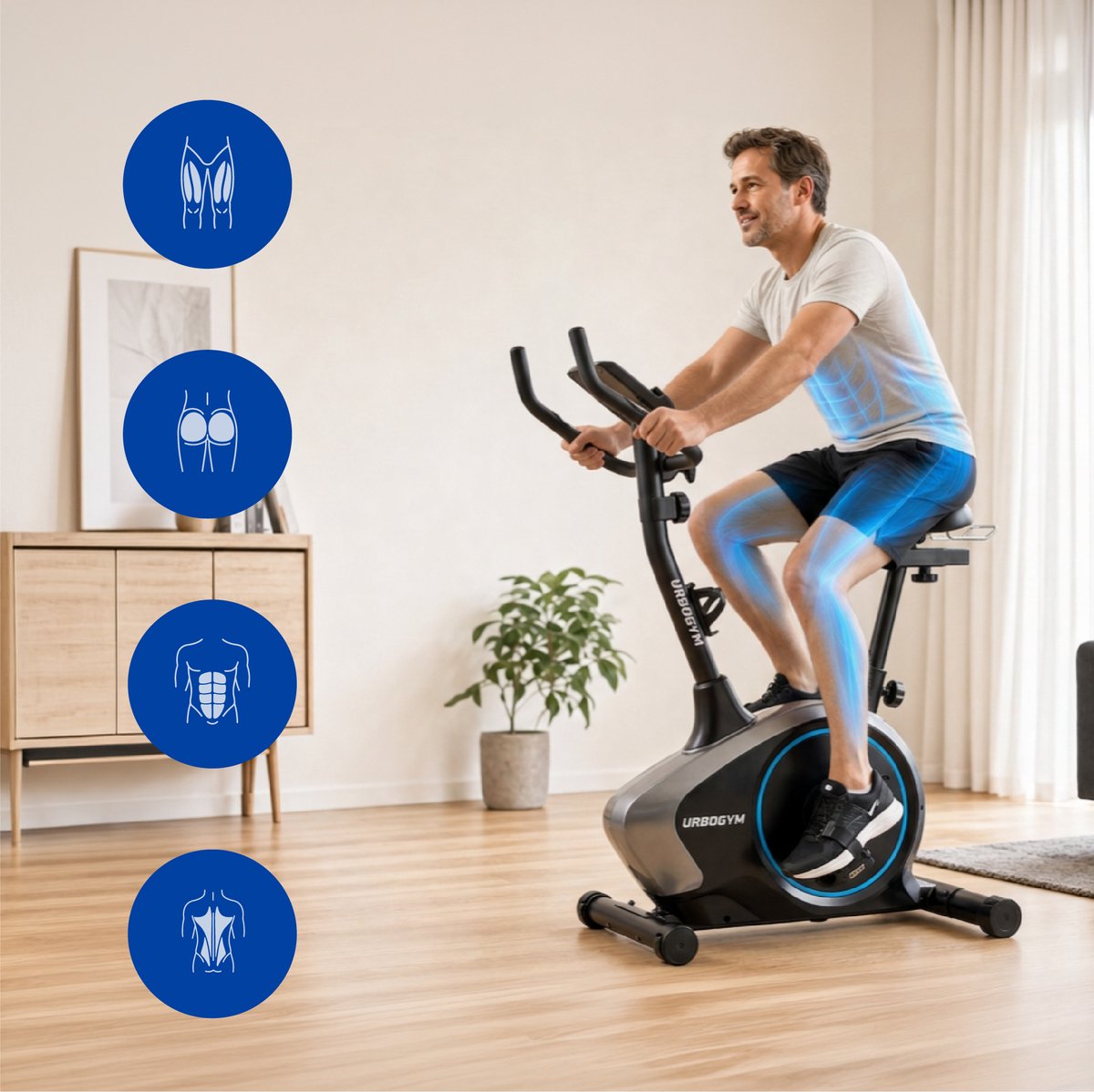 URBOGYM ARGO BLUE Hometrainer - Magnetische Fitnessfiets - 8 Weerstandsniveaus - Vliegwiel 6 kg - Max. 130 kg - Blauw