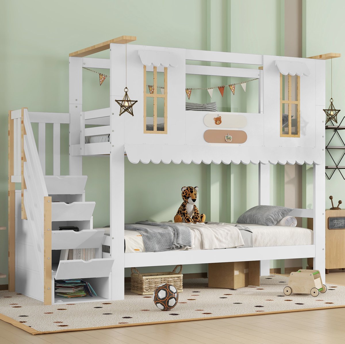 COVREO Stapelbed 90x200 cm wit naturel, hout en MDF, met opbergtrede Wit + naturel