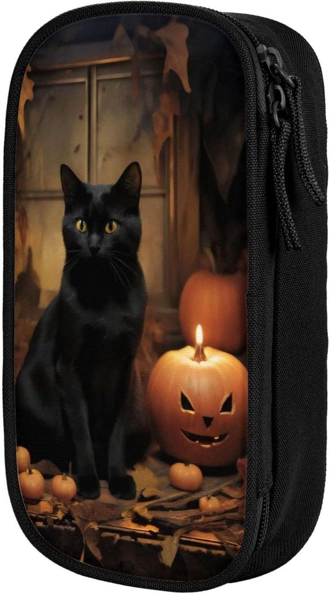 Etui met Kat - Pennendoos Pouch - Briefpapier Opbergen - Grote Capaciteit - 21 x 10.5 cm - Zwart