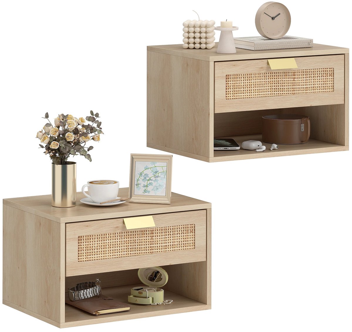 Archi Zwevende Nachtkastjes Set van 2 – Wandmontage – Rotan Lade – Open Opbergvak – 40 x 30 x 25 cm – Eiken