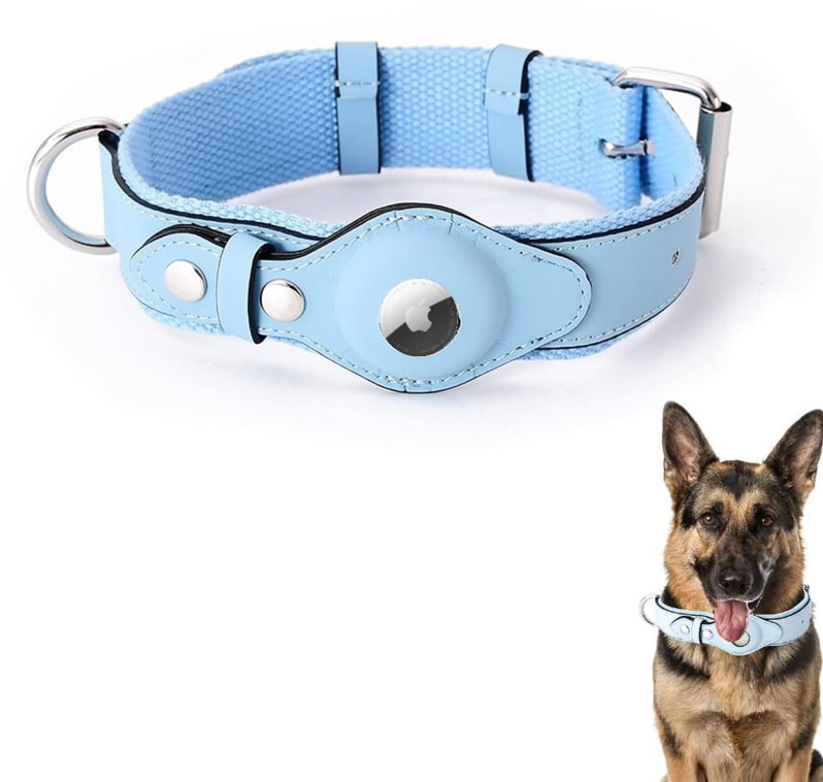 Elzusha - Verstelbare hondenhalsband van leer - Inclusief AirTag bescherming - Blauw