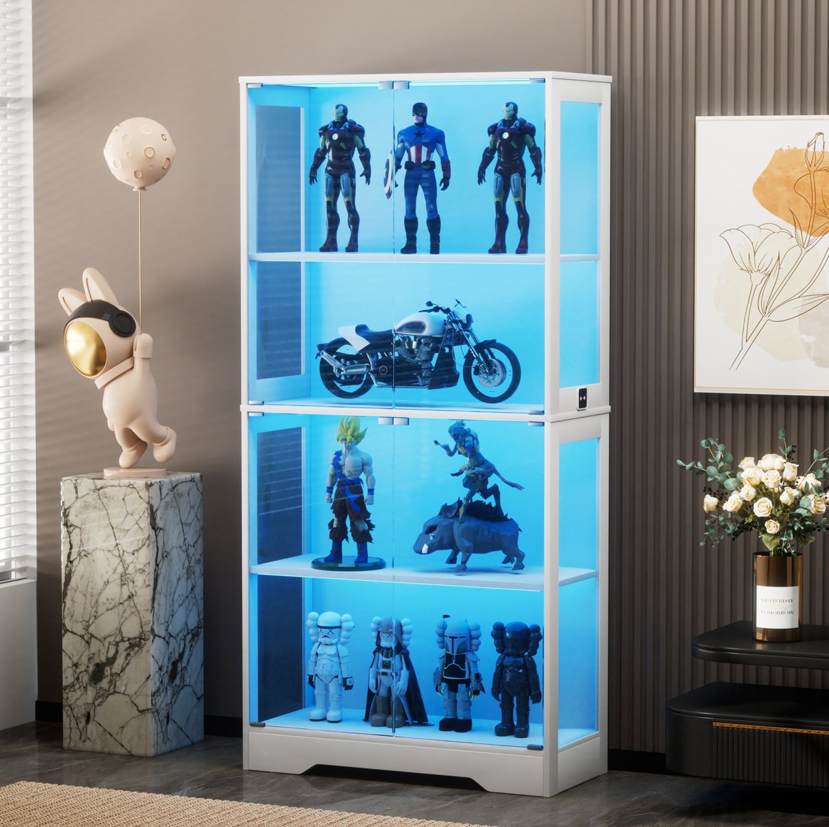 Wishdor Glasvitrine - LED verlichting en glazen deuren - Bewegingssensor en vier lagen - Modern - Woonkamer slaapkamer kantoor - MDF en glas - Wit - 80 x 35 x 165 cm