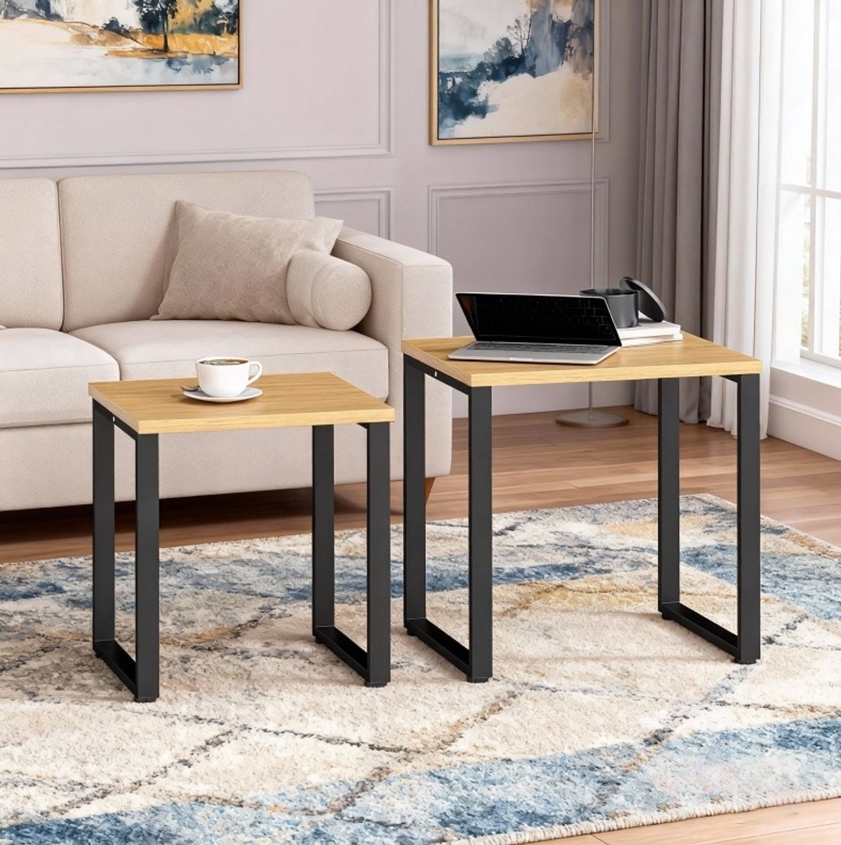OKWISH Salontafel Set Van 2 - Met Metalen Frame - Moderne Stijl Voor Woonkamer En Kleine Ruimtes - Houtkleur/Zwart - 60x50x60 Cm