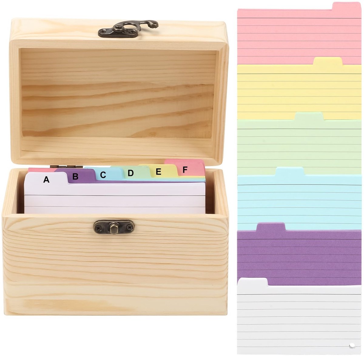 Elzusha - Houten Index Card Box A6 met 150 Kleurrijke Kaarten - Organiser en Recepten Box