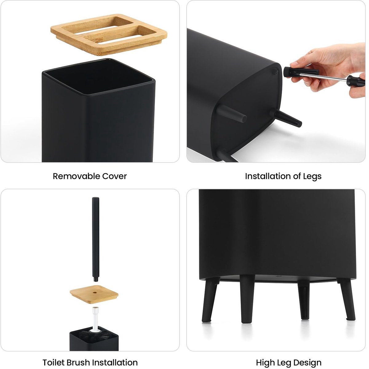 Elzusha- Badkameraccessoires Set 5-delig - Zwarte Badkameraccessoires - Bamboe Toiletborstel - Prullenbak - Zeeppompje - Tandenborstelhouder met Deksel - Badkamerset