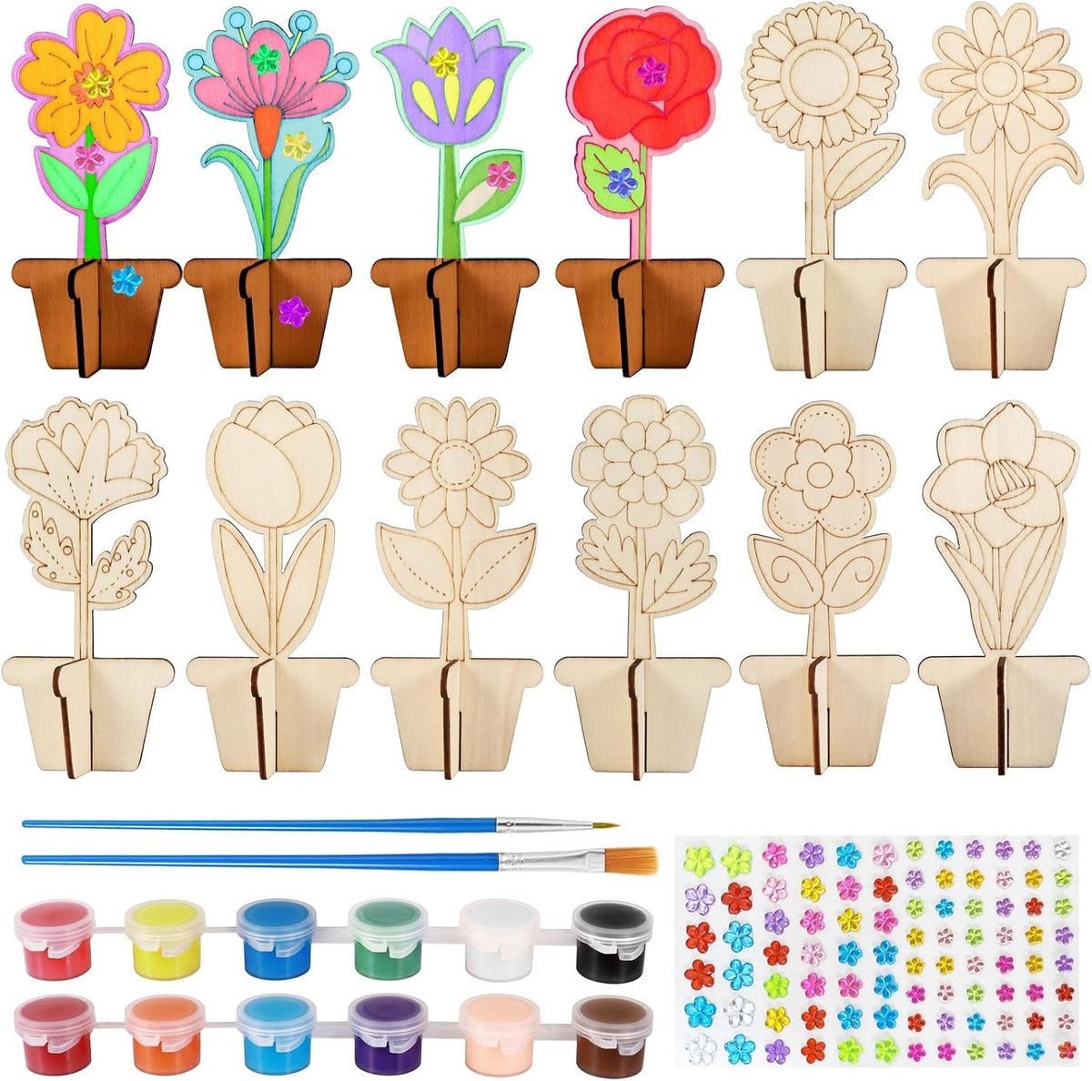 12 Stuks 3D Houten Bloemen om te Schilderen voor Creatieve Knutselprojecten