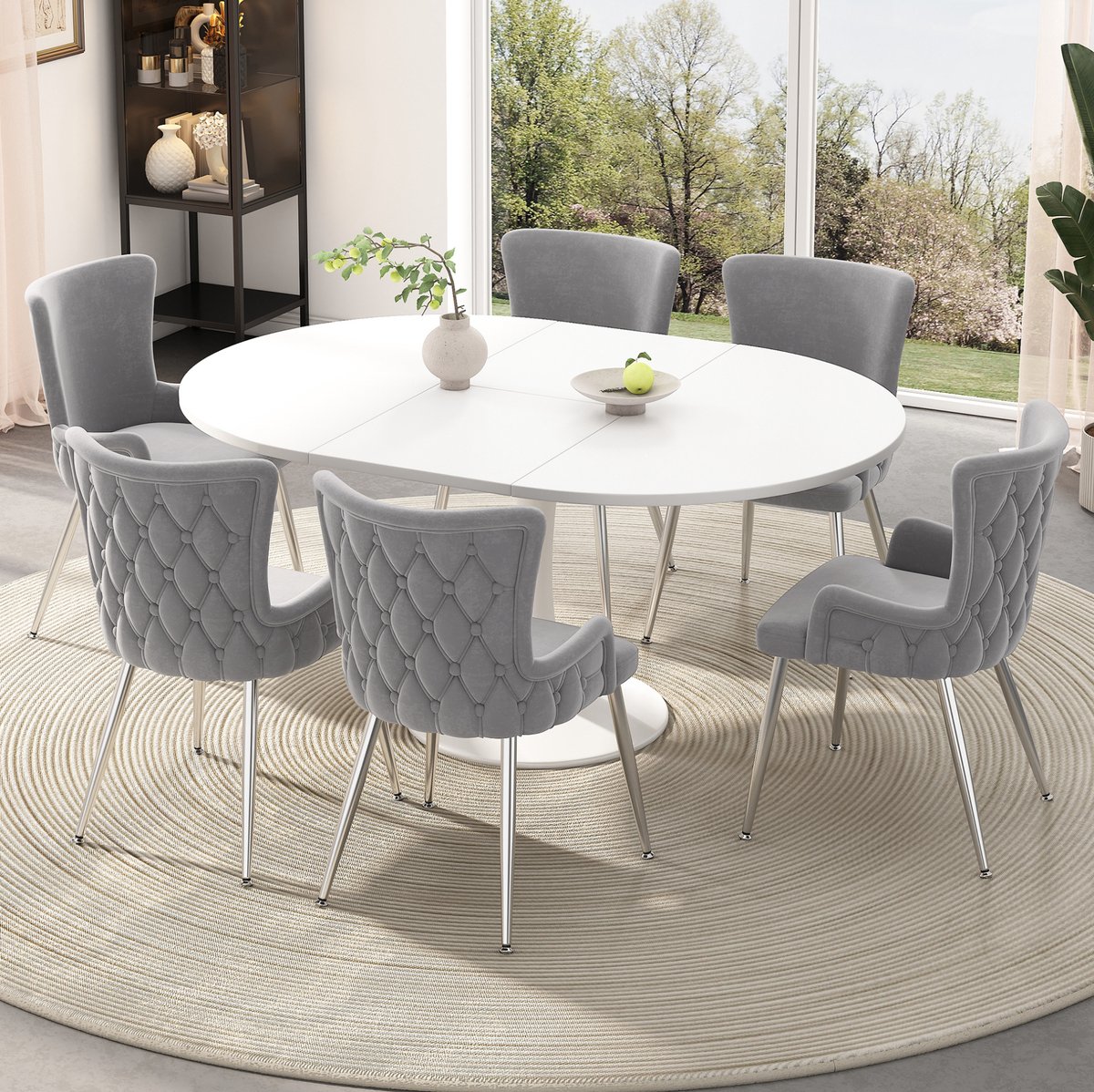 MIVRAY Eetkamerstoel 85 Cm - 6-Delige Set Luxe Fluwelen Stoel Met Armleuningen En Metalen Poten - Voor Eetkamer En Woonkamer - Grijs Zilver