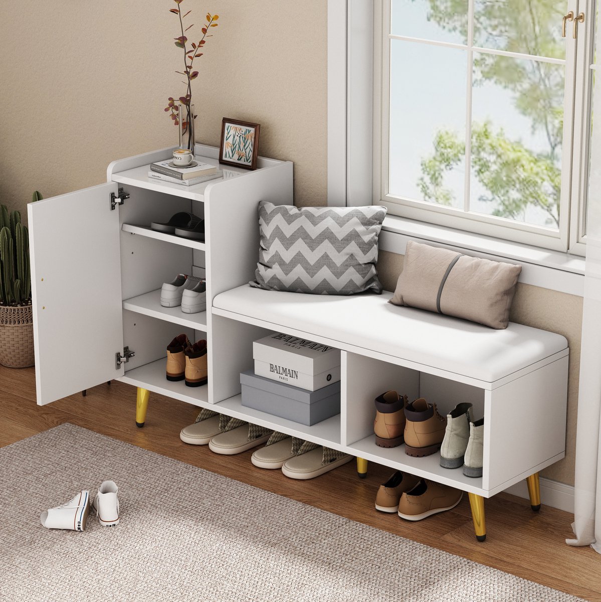 OKWISH Schoenenkast Met Zitbank Witte Hoogglans Met Verstelbare Planken Open Vak Goudkleurige Details 120x35x71 5 Cm