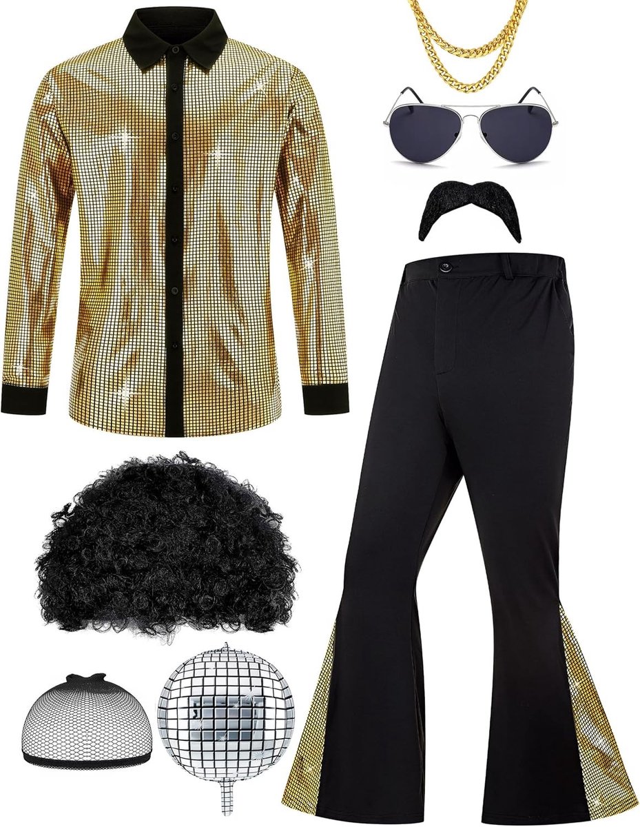 Retro disco kostuum voor mannen, jaren '70 stijl, hippie carnaval accessoires en feestoutfit