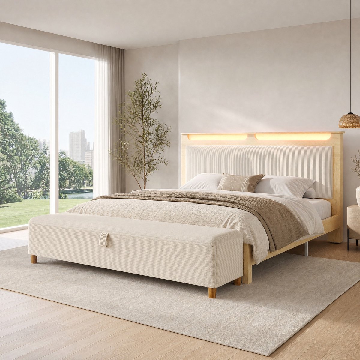 Wishdor Tweepersoonsbed 140x200 cm - Met bedbank en opbergruimte - Hoofdbord met LED en plank - Moderne slaapkamerstijl - Hout en stof - Beige en licht eiken