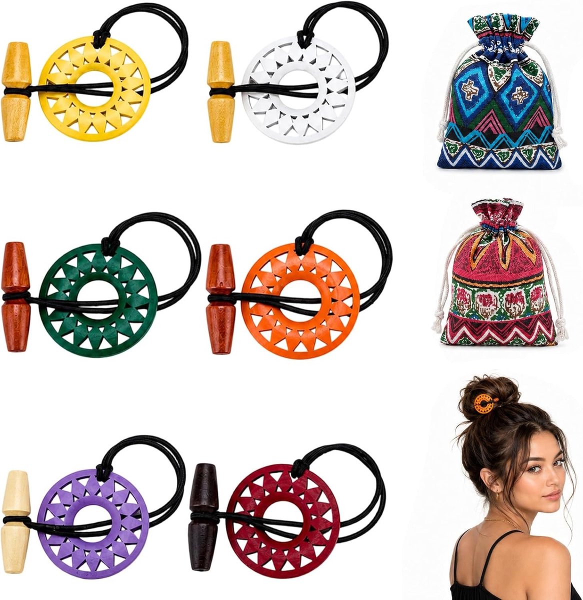 Elastische dreadlock-haarelastiekjes met houten knopen - Extra lange spiral loc haarbanden voor paardenstaart en vlechtaccessoires voor lange dreads en haarstyling