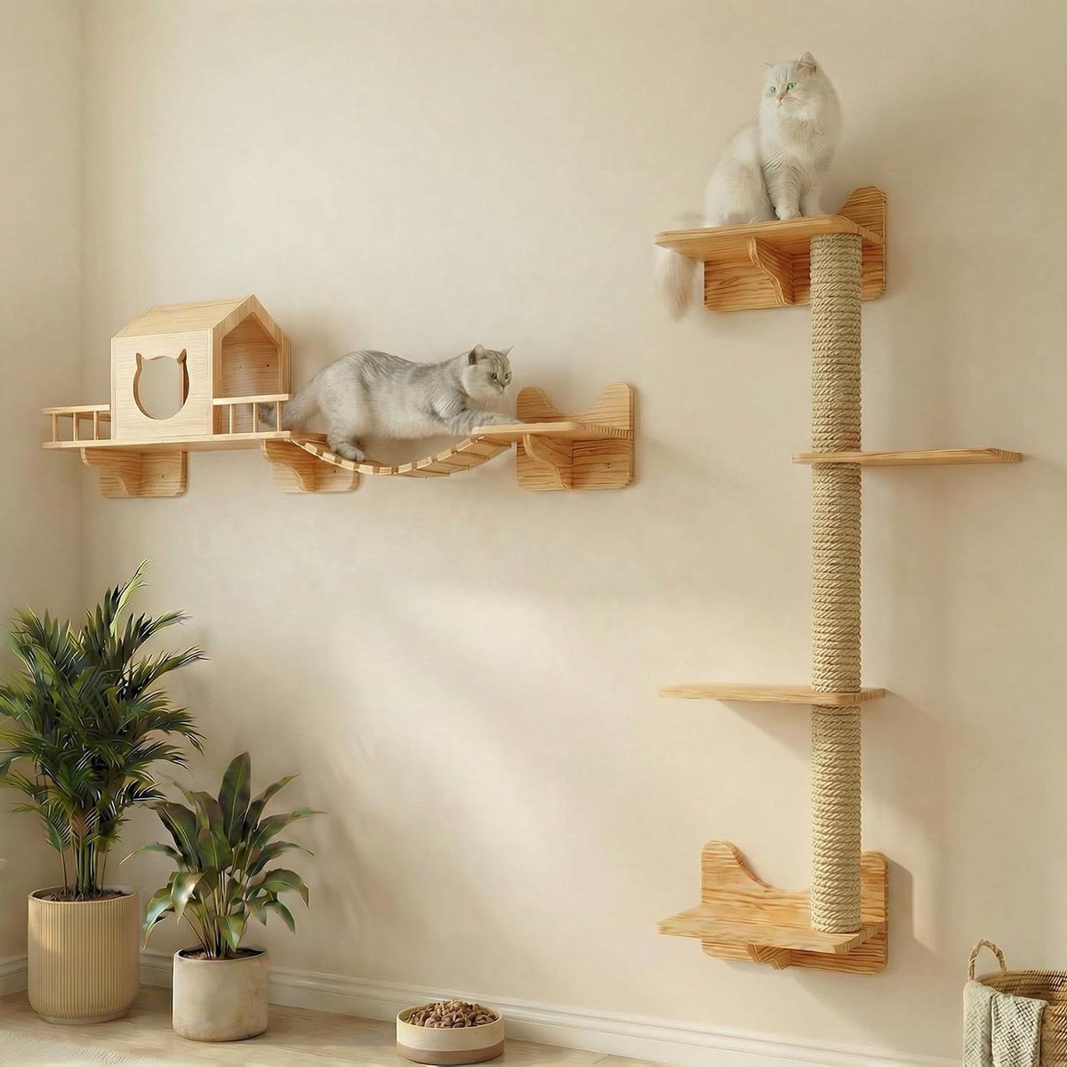 Katten klimwandset - Wandmeubel kat - Spelen en klimmen - Handgemaakt grenenhout - 1 kattenhuis 1 ladder - Natuurlijk hout
