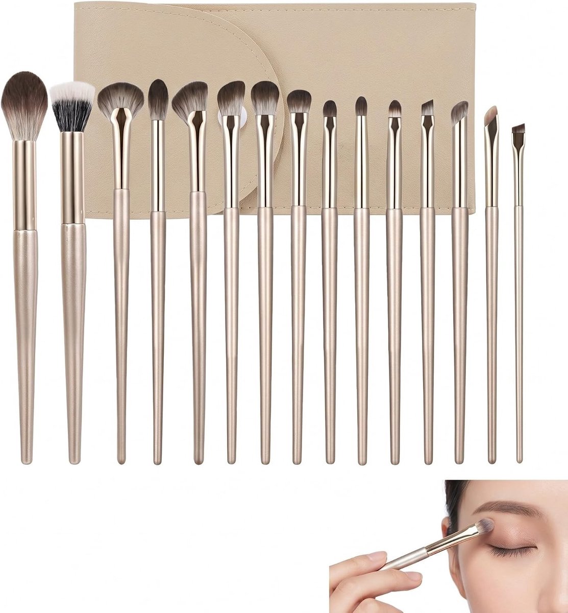 Complete set van 15 hoogwaardige make-upkwasten met PU-tas voor foundation, oogschaduw en eyeliner, ideaal voor een professionele make-uplook