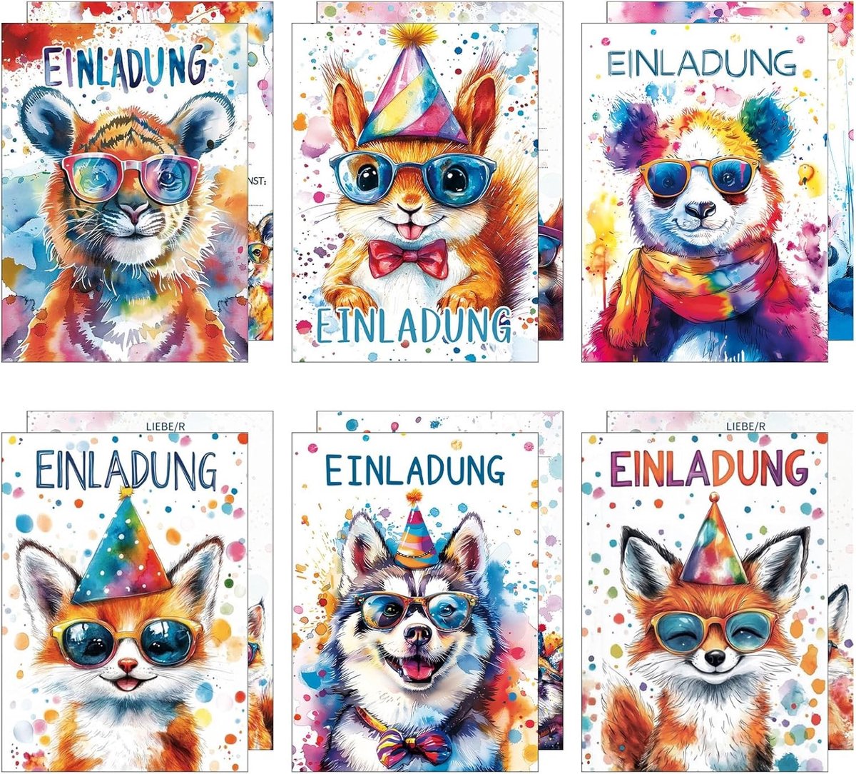Feestelijke Verjaardagsuitnodigingen voor Kinderen - Waterverf Dierenontwerp, 12 Stuks, Unisex, Perfect voor Jongens en Meisjes, Kleurrijke Uitnodigingen voor Kinderfeestje