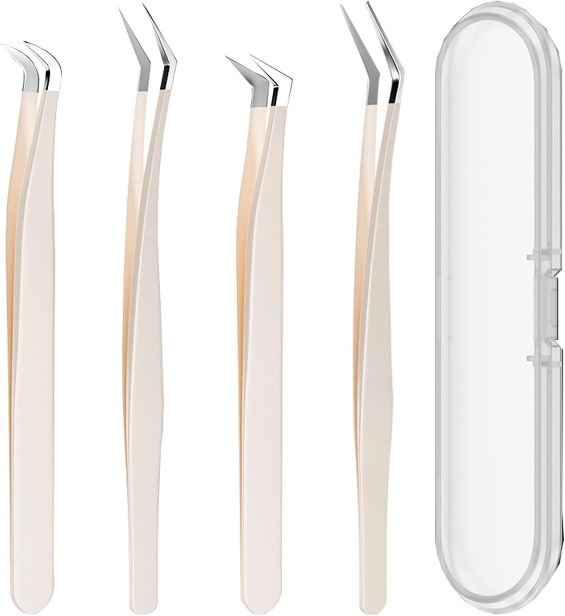 Set van 4 RVS Wimperpincetten, Gebogen Pincetten voor Valse Wimpers en Wimperextensions, Perfect voor Precisiewerk en Make-up Accessoires