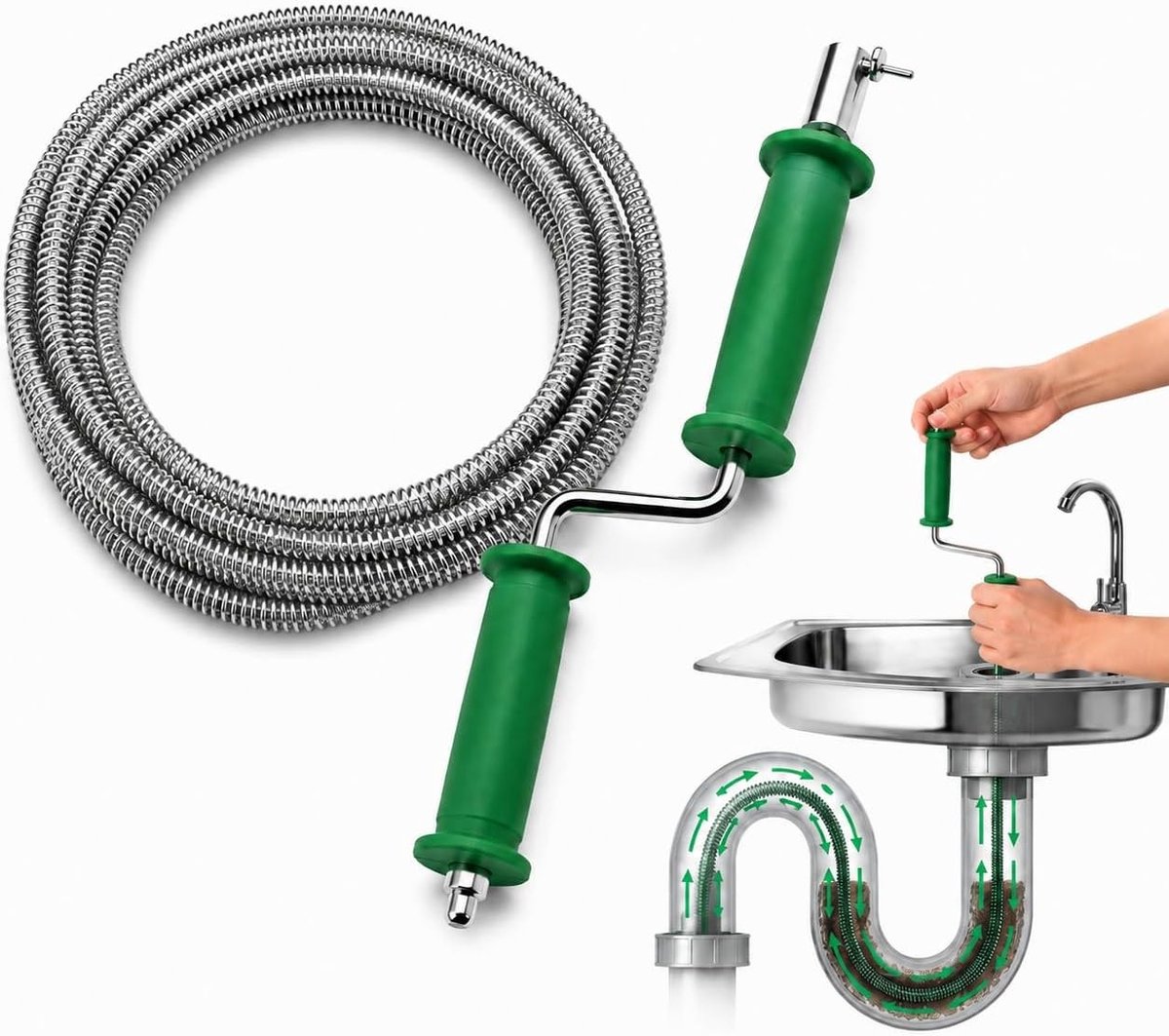 Effectieve Ontstopper voor Afvoerbuizen - 5 m Lange Spirale Reinigingsslang met Dubbele Handgreep voor Verstopte Afvoeren