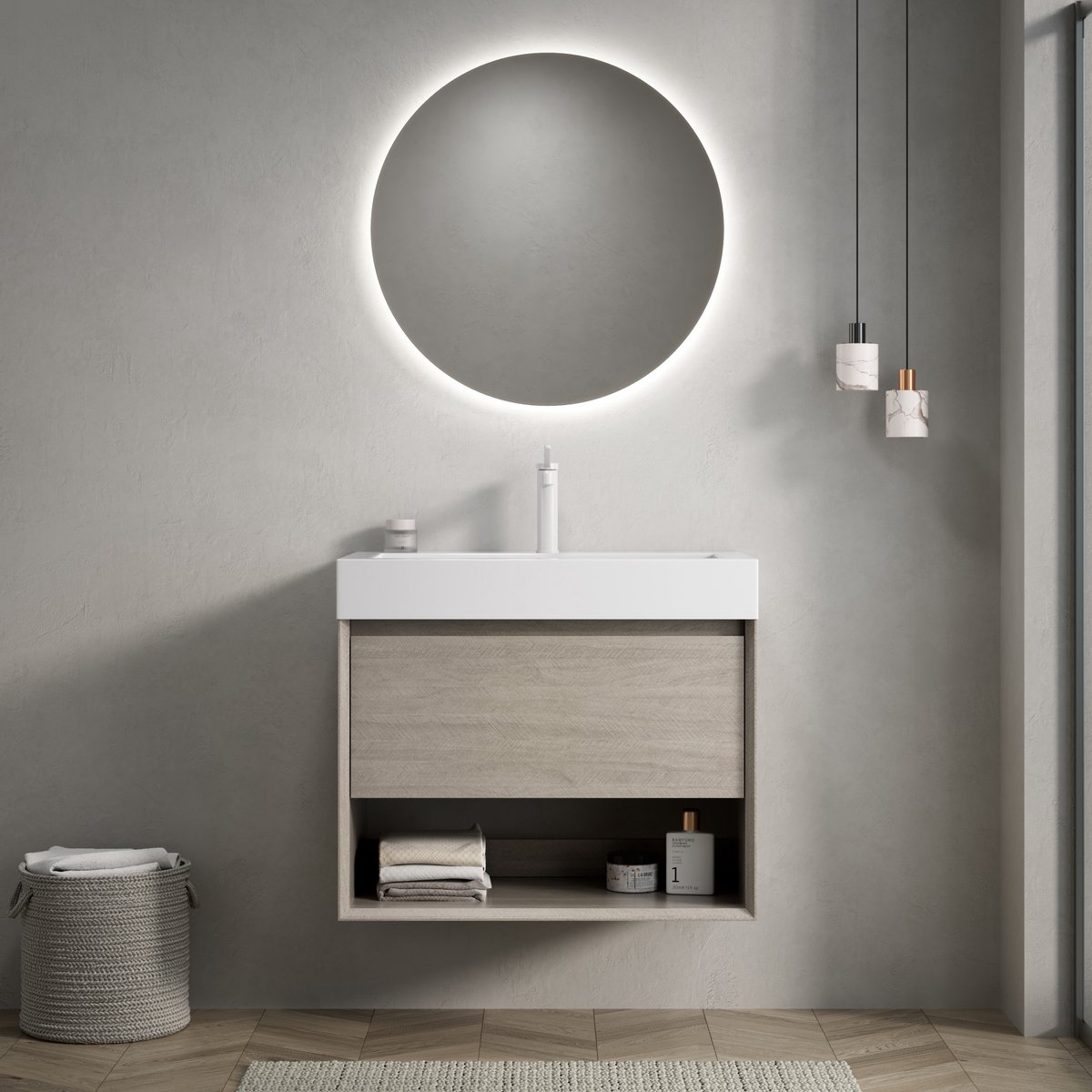 OKWISH Badkamermeubel - Hangend Wastafelmeubel 70 x 46 x 60 cm - 1 Lade en 1 Open Vak - Kunsthars Wastafel - Licht Eiken en Wit