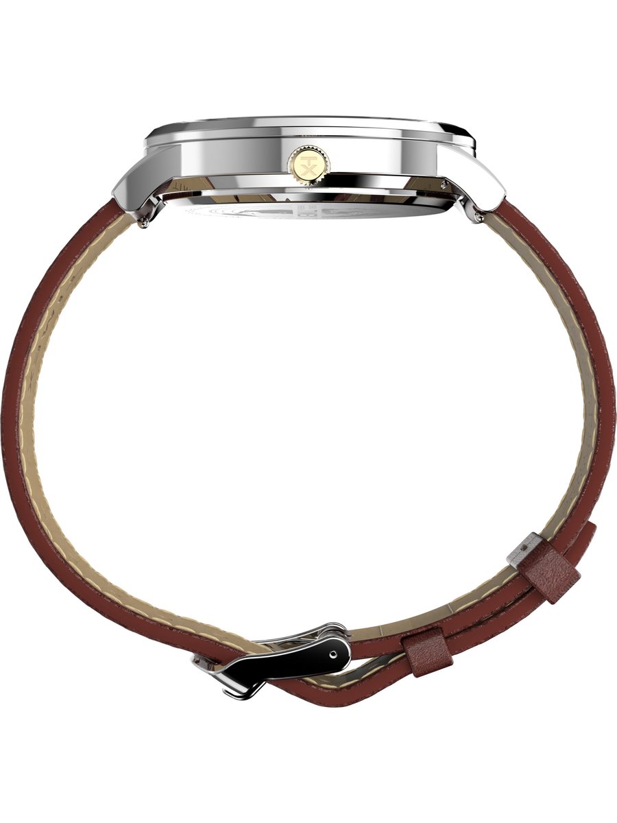 Timex Waterbury Classic Moon Phase Kwarts Analoog Horloge Bruin En Zilverkleurig Kast Gemaakt Van 100% Roestvrij Staal En Een Armband Van 100% Vegan Leer 40 TW2W75600AJ, TW2W75700AJ