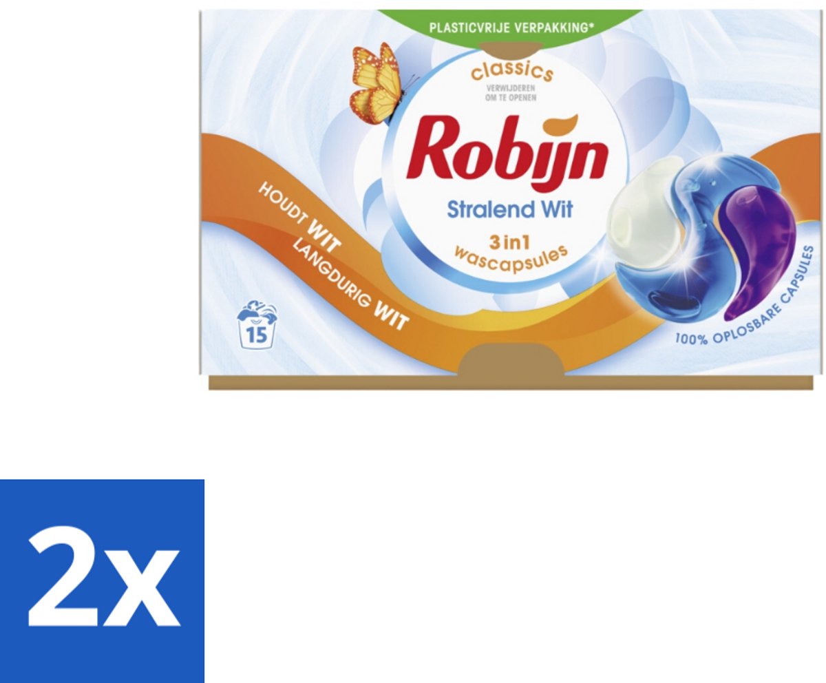 Robijn Wascapsules 3-in-1 Stralend Wit 15 stuks per verpakking - Voordeelverpakking - 2 stuks